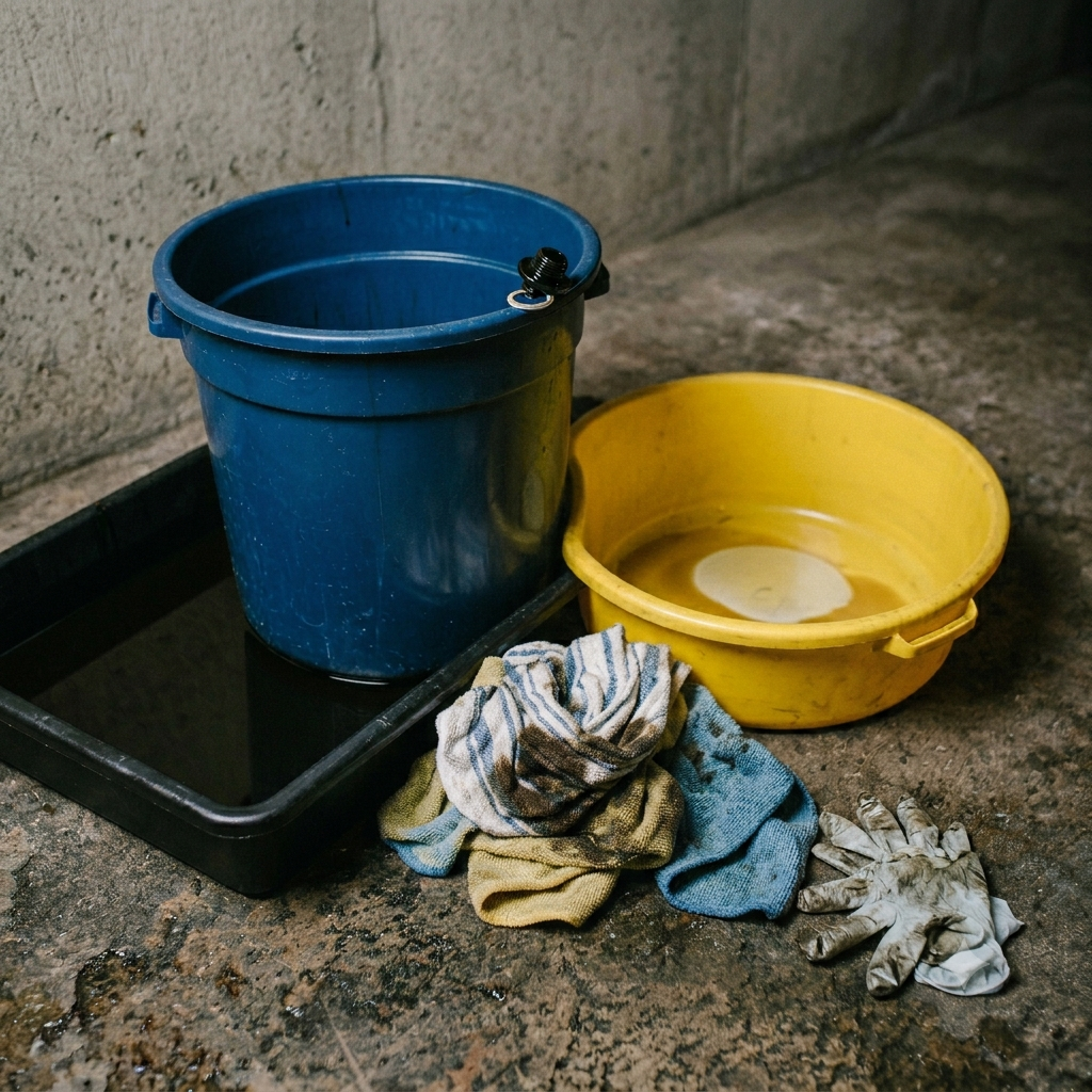 Pails, jugs, and rags
